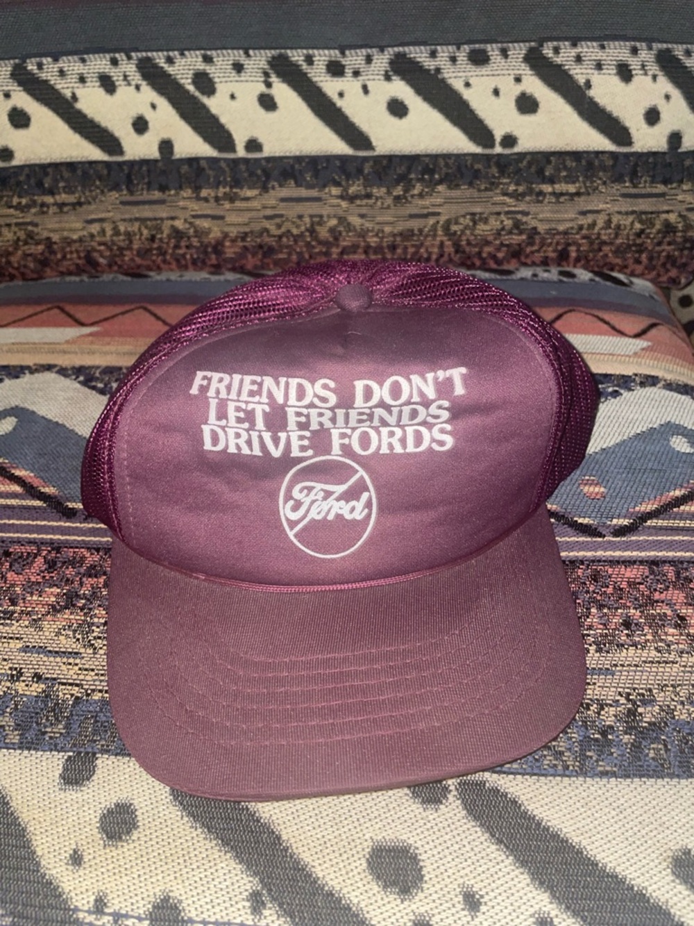Vintage Ford Burgundy and White Mesh Trucker Hat with Slogan